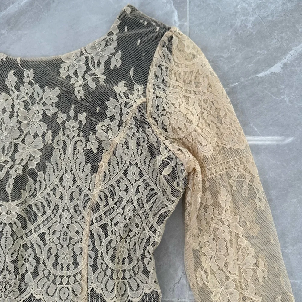 Women’s Free People Lace Open V Back Dress Long Sleeve Lined Boho Size Small - Picture 5 of 16